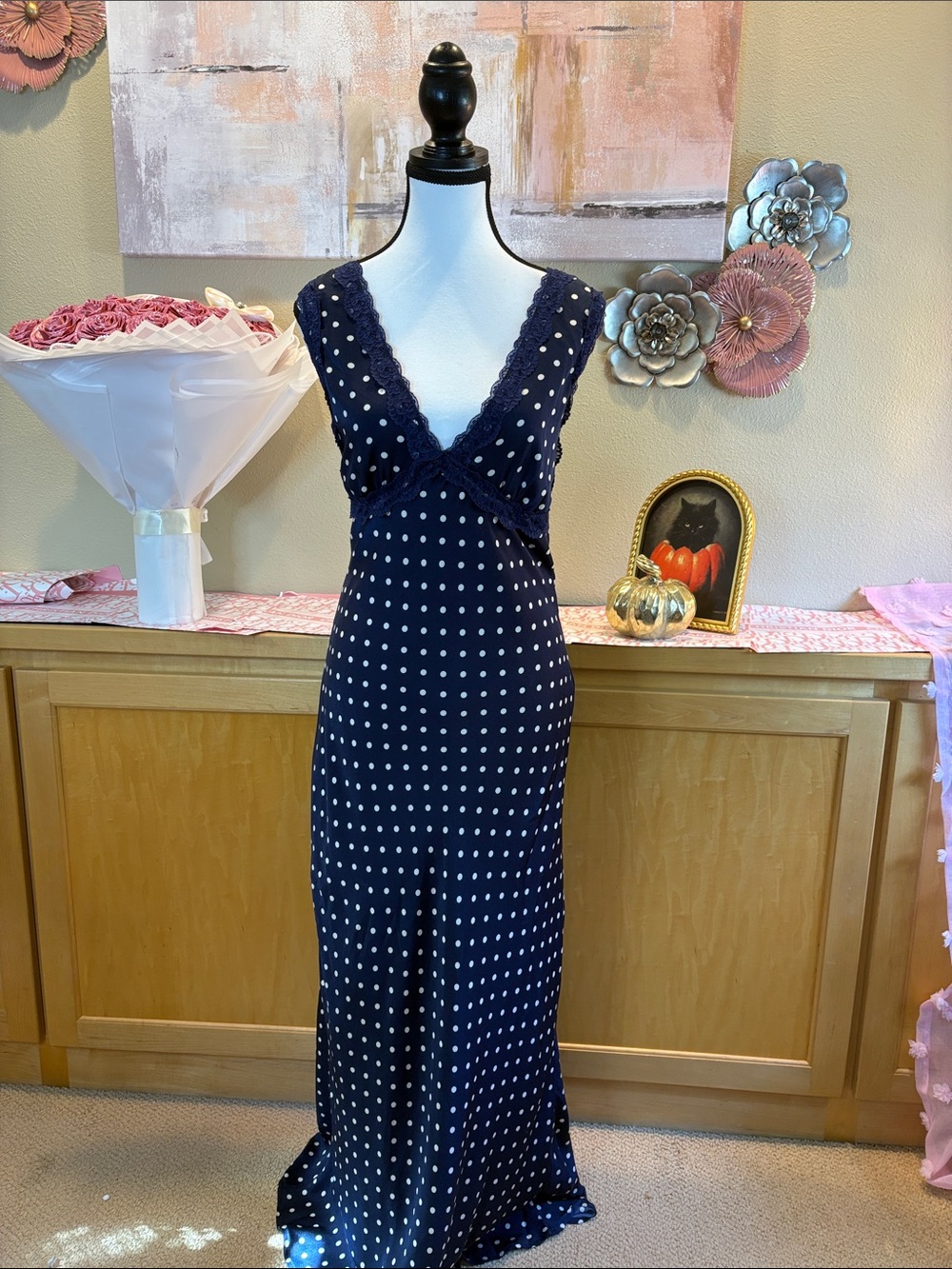 Navy Polka Dot Lace-Trim Maxi Dress